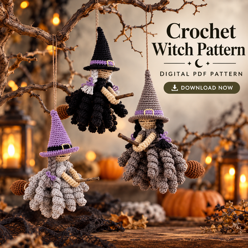 Flying Witch Crochet Pattern PDF – Halloween Hanging Witch Ornament