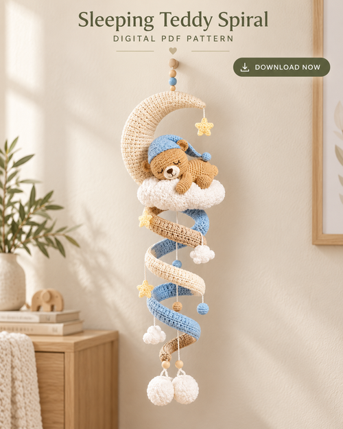 Sleeping Teddy Bear Moon Crochet Pattern PDF – Nursery Spiral Hanging
