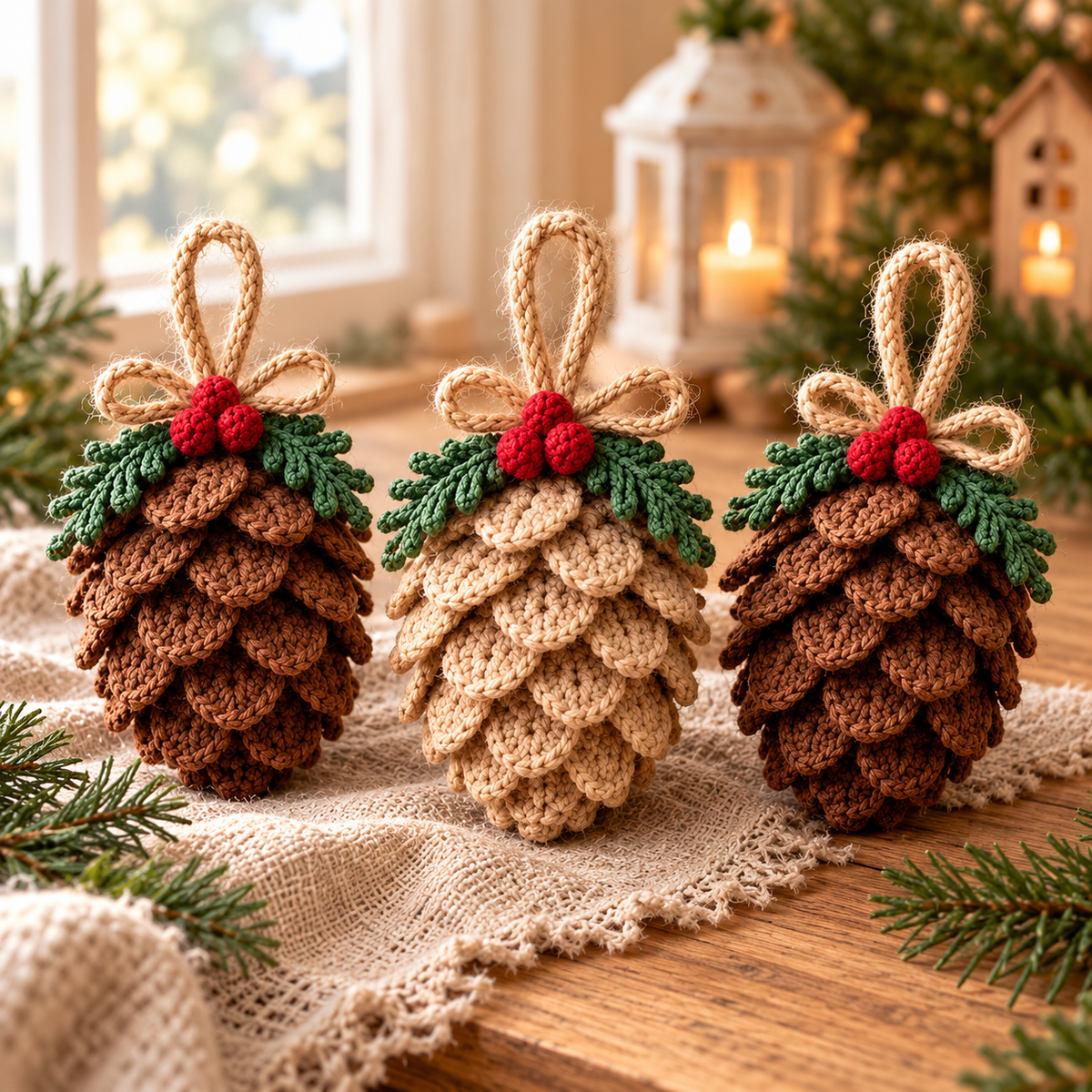 Crochet Pinecone Christmas Ornament Pattern PDF, Rustic Woodland Tree Decor