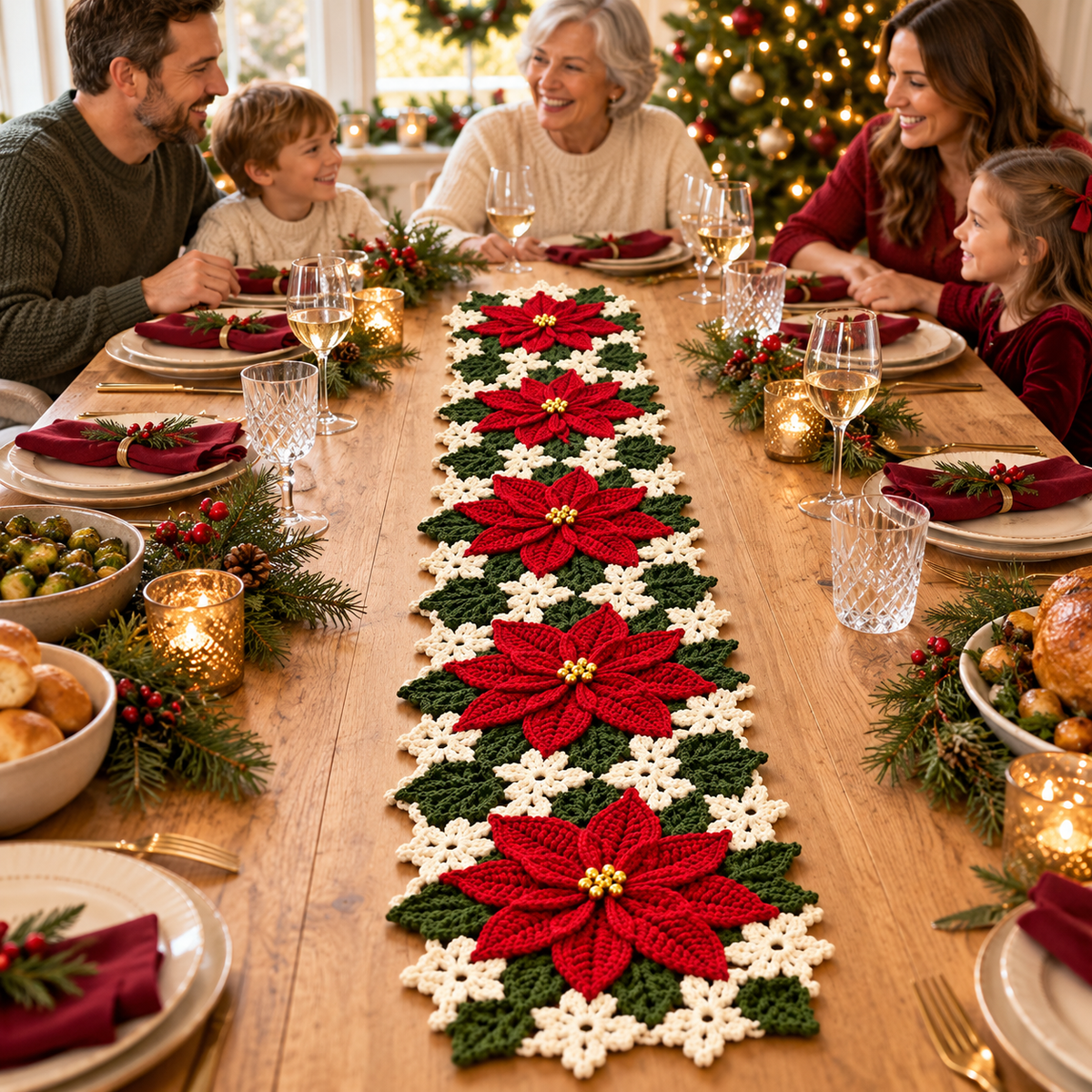 Poinsettia Crochet Table Runner Pattern PDF – Christmas Floral Table Decor