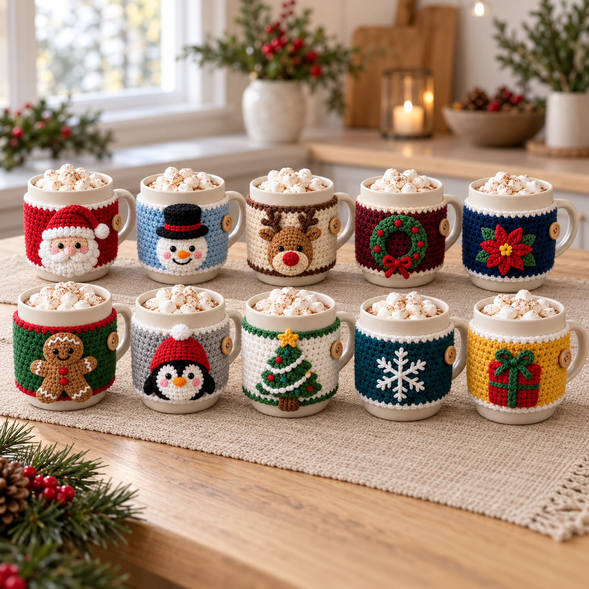 10 Christmas Mug Cozy Crochet Patterns PDF – Beginner Holiday Bundle