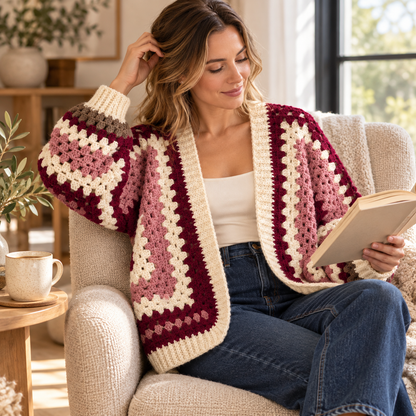 Oversized Hexi Cardigan Crochet Pattern, Granny Stitch Colour Block Sweater PDF, XS–5XL