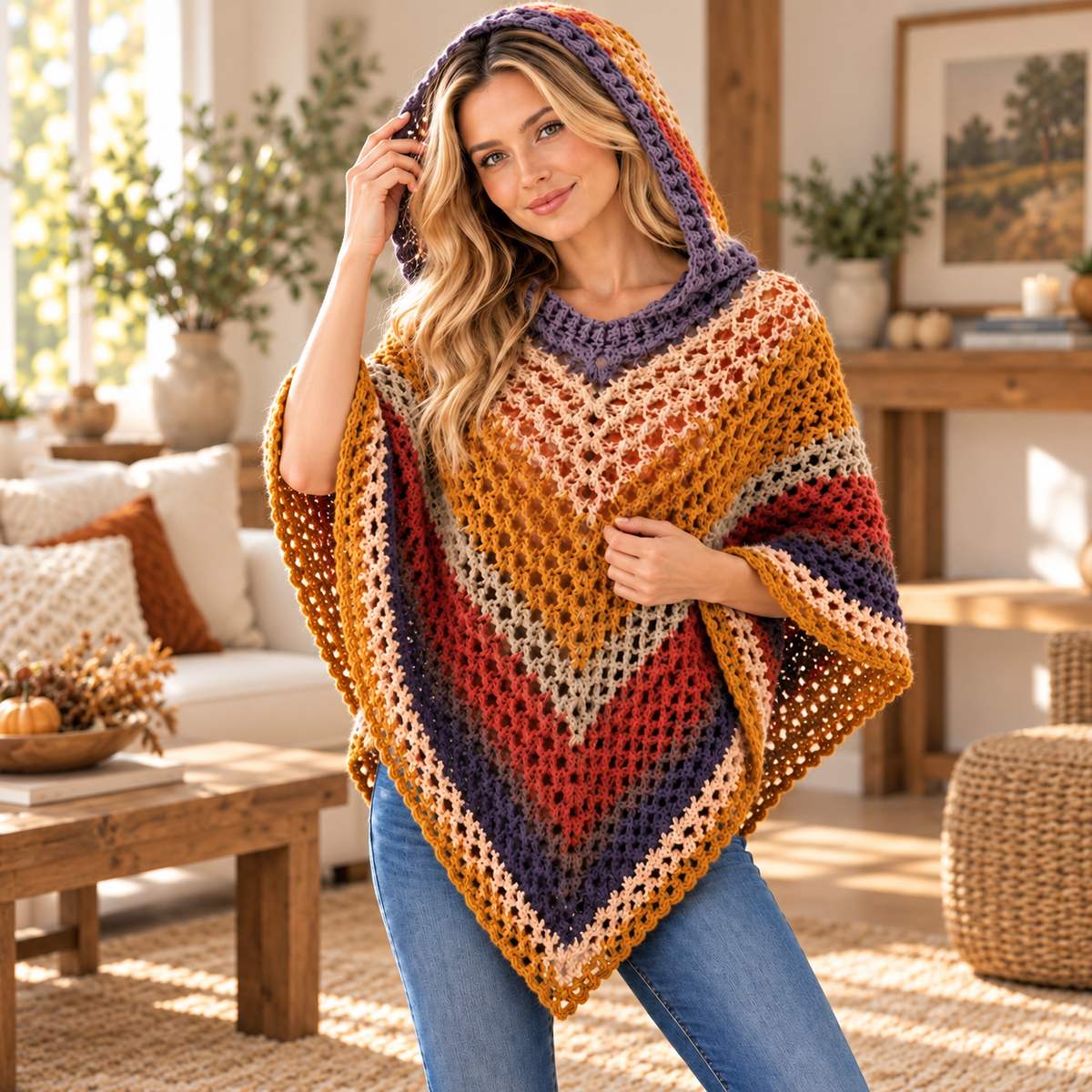 Autumn Leaves Crochet Hooded Poncho Pattern PDF – Colorful Fall Poncho