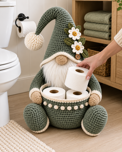 Gnome Toilet Paper Holder Crochet Pattern PDF – Bathroom Storage Basket