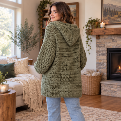 Chunky Crochet Cardigan Pattern PDF | Oversized Hooded Jacket with Pockets