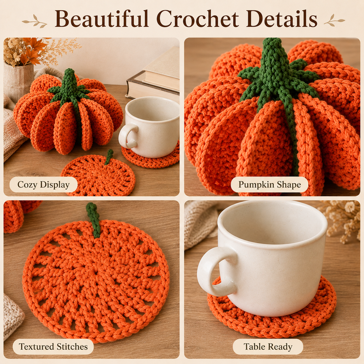 Pumpkin Coaster Crochet Pattern PDF – Fall Crochet Decor & Autumn Coaster Pattern