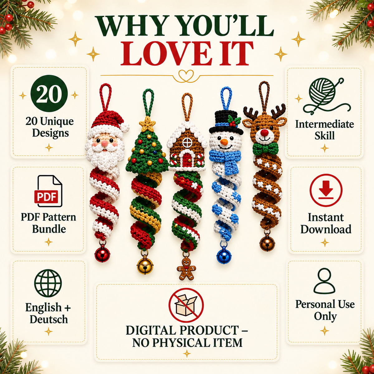 20 Christmas Crochet Spiral Patterns Bundle PDF – Holiday Ornaments