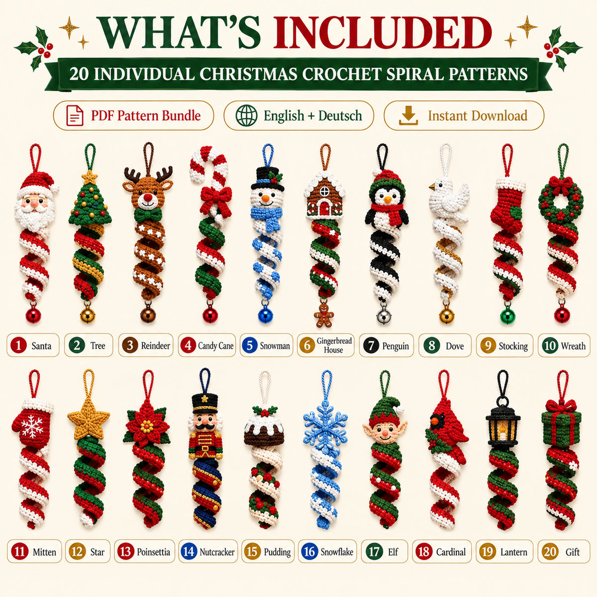 20 Christmas Crochet Spiral Patterns Bundle PDF – Holiday Ornaments