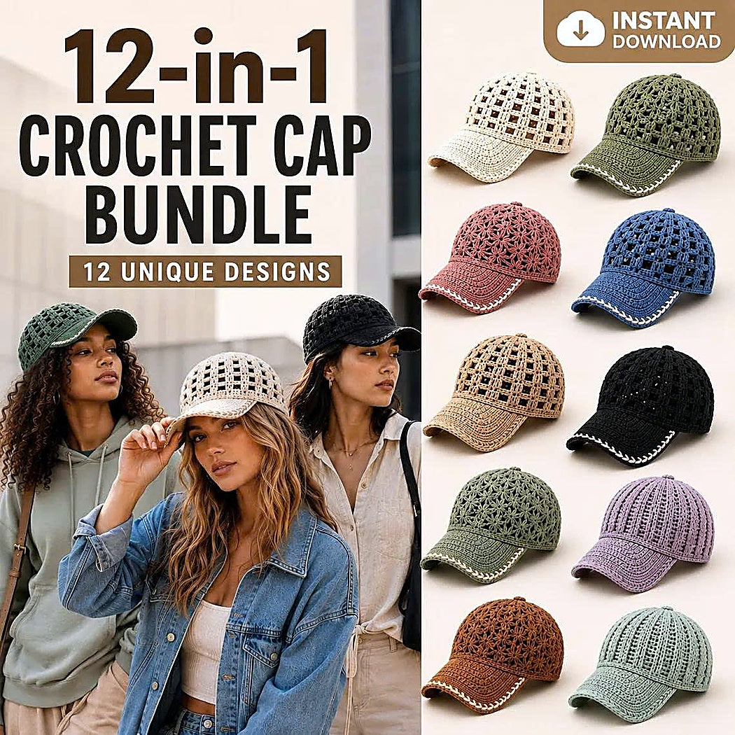 12 Crochet Cap Patterns Bundle | Lace Baseball Hat | Summer Crochet PDF Download
