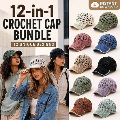 12 Crochet Cap Patterns Bundle | Lace Baseball Hat | Summer Crochet PDF Download