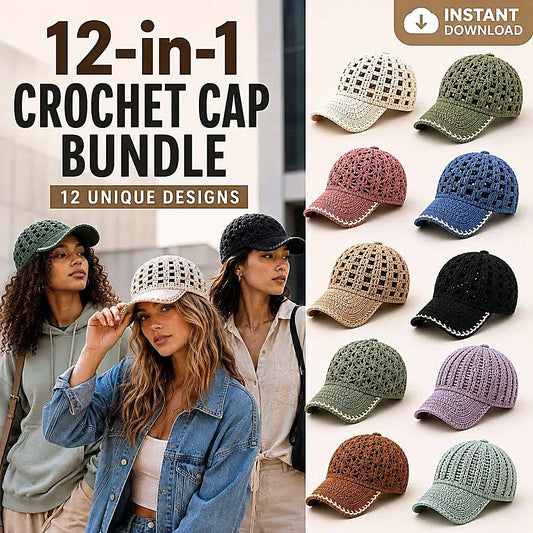 12 Crochet Cap Patterns Bundle | Lace Baseball Hat | Summer Crochet PDF Download