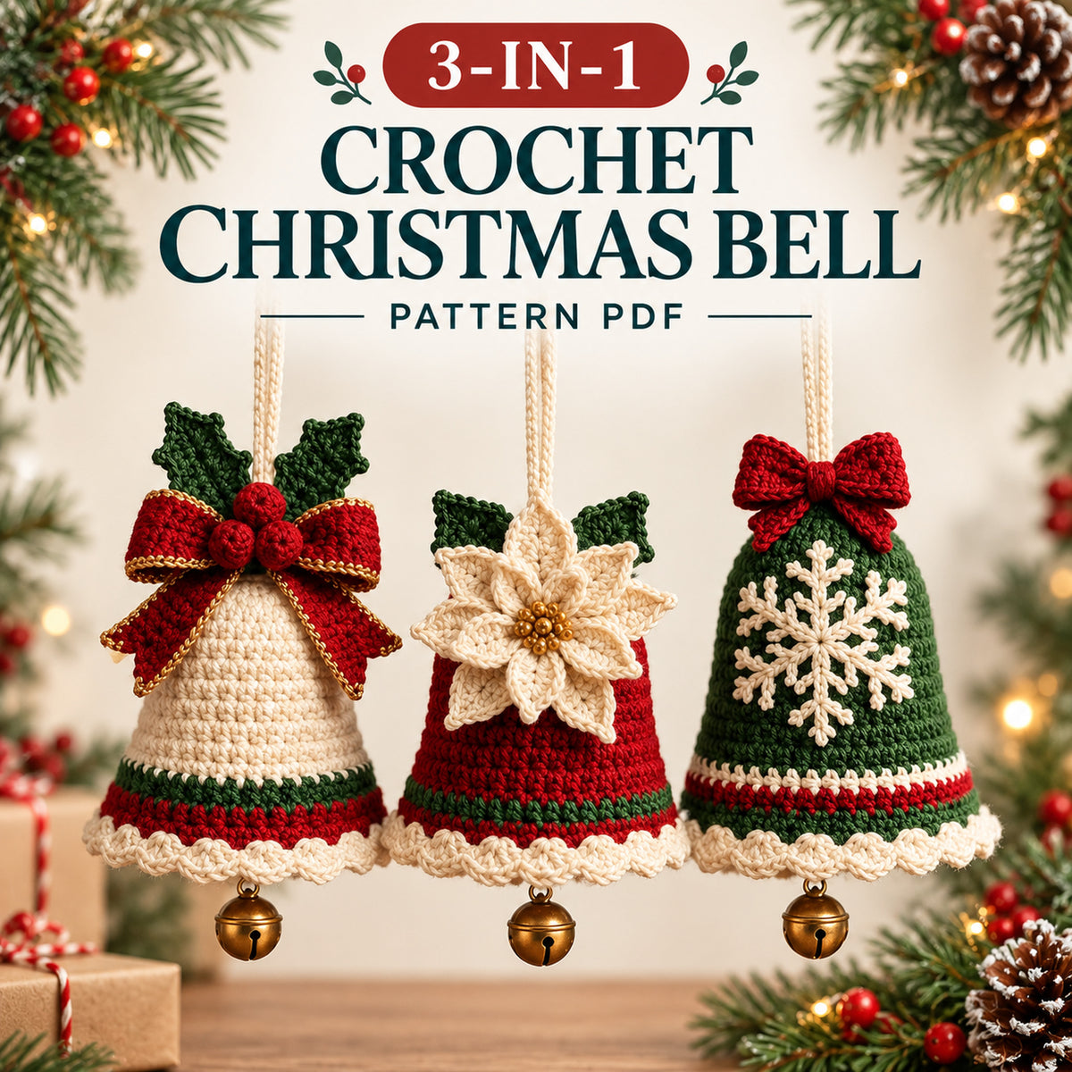 3-in-1 Crochet Christmas Bell Ornament Pattern PDF – Bow, Poinsettia & Snowflake