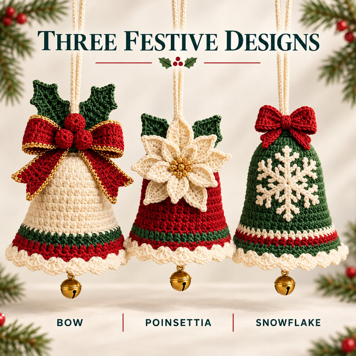 3-in-1 Crochet Christmas Bell Ornament Pattern PDF – Bow, Poinsettia & Snowflake