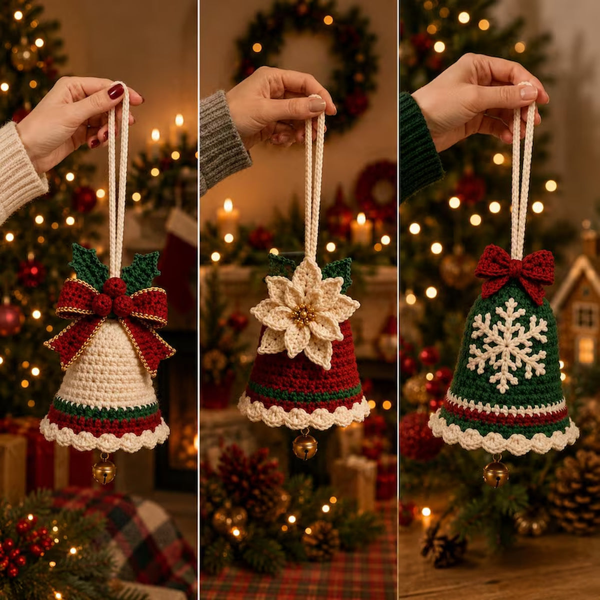 3-in-1 Crochet Christmas Bell Ornament Pattern PDF – Bow, Poinsettia & Snowflake