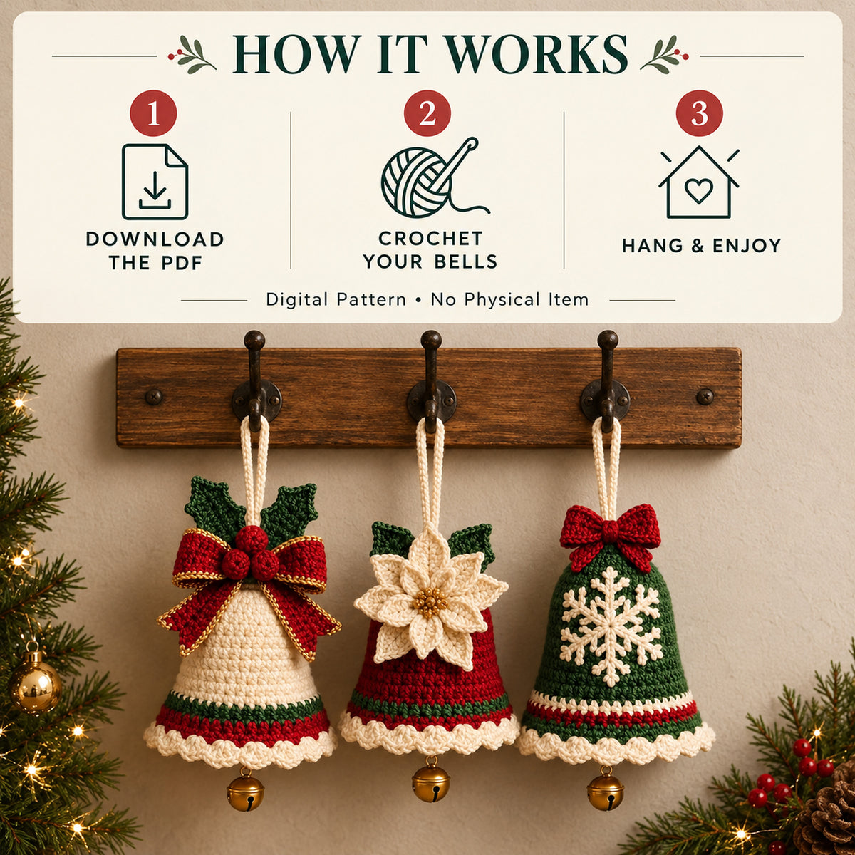3-in-1 Crochet Christmas Bell Ornament Pattern PDF – Bow, Poinsettia & Snowflake