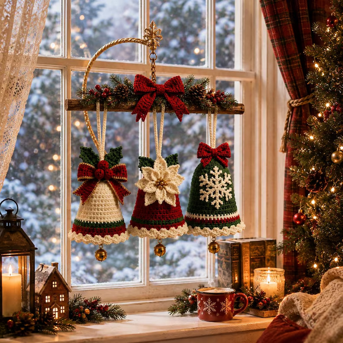3-in-1 Crochet Christmas Bell Ornament Pattern PDF – Bow, Poinsettia & Snowflake