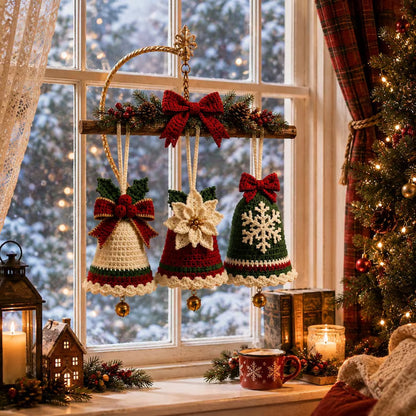 3-in-1 Crochet Christmas Bell Ornament Pattern PDF – Bow, Poinsettia & Snowflake