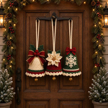 3-in-1 Crochet Christmas Bell Ornament Pattern PDF – Bow, Poinsettia & Snowflake
