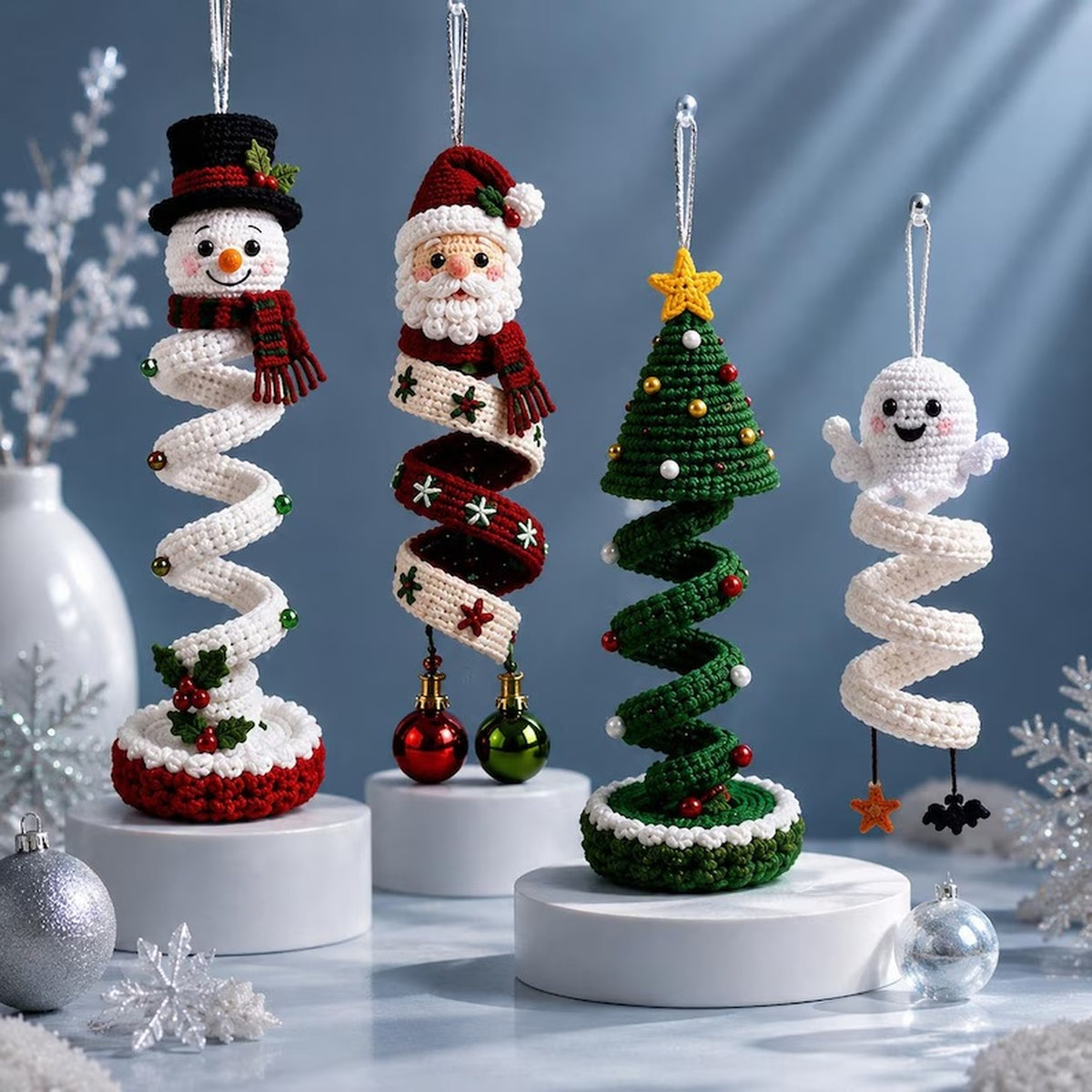 Christmas crochet spiral ornament patterns with Santa snowman and tree