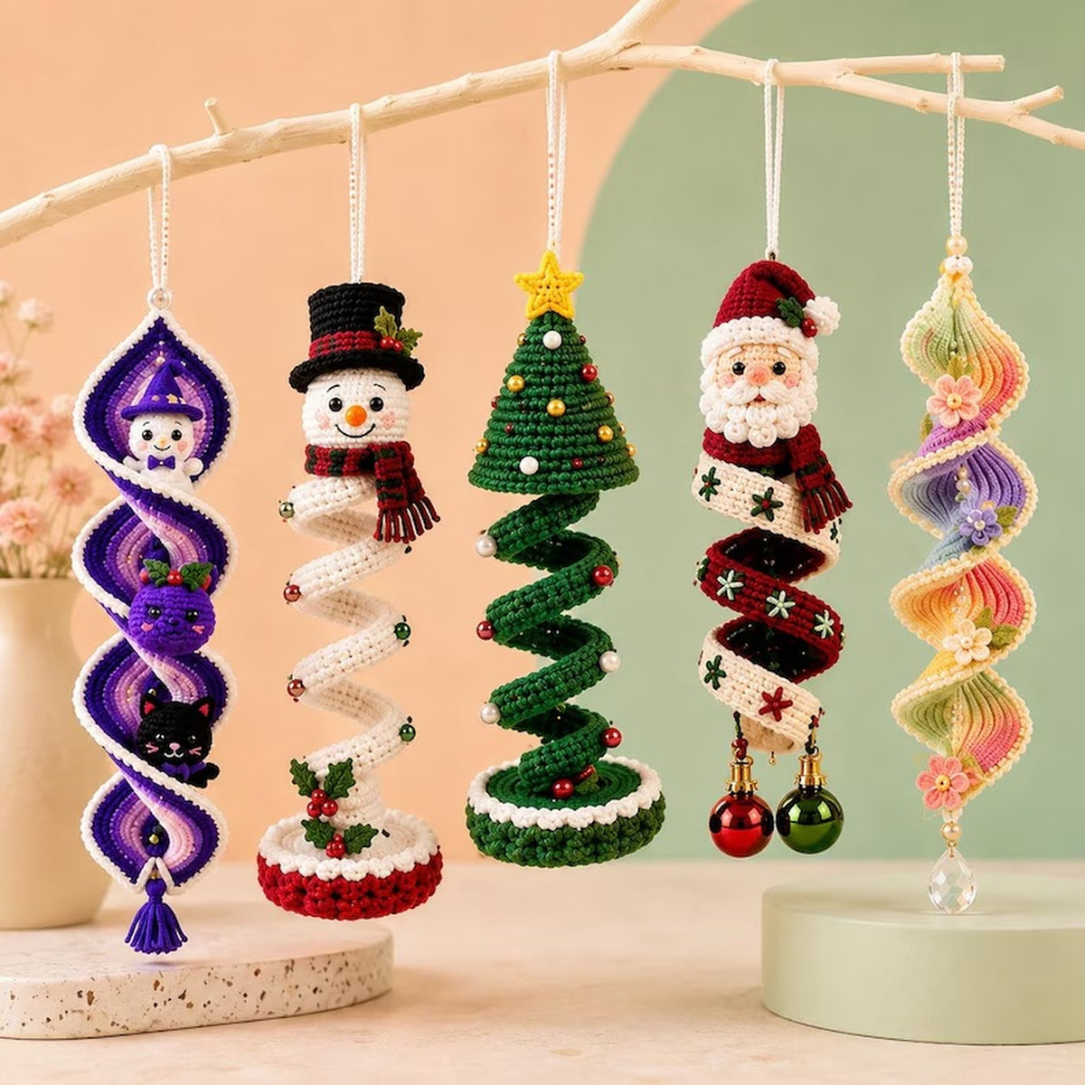Seasonal crochet spiral hanging ornament pattern collection