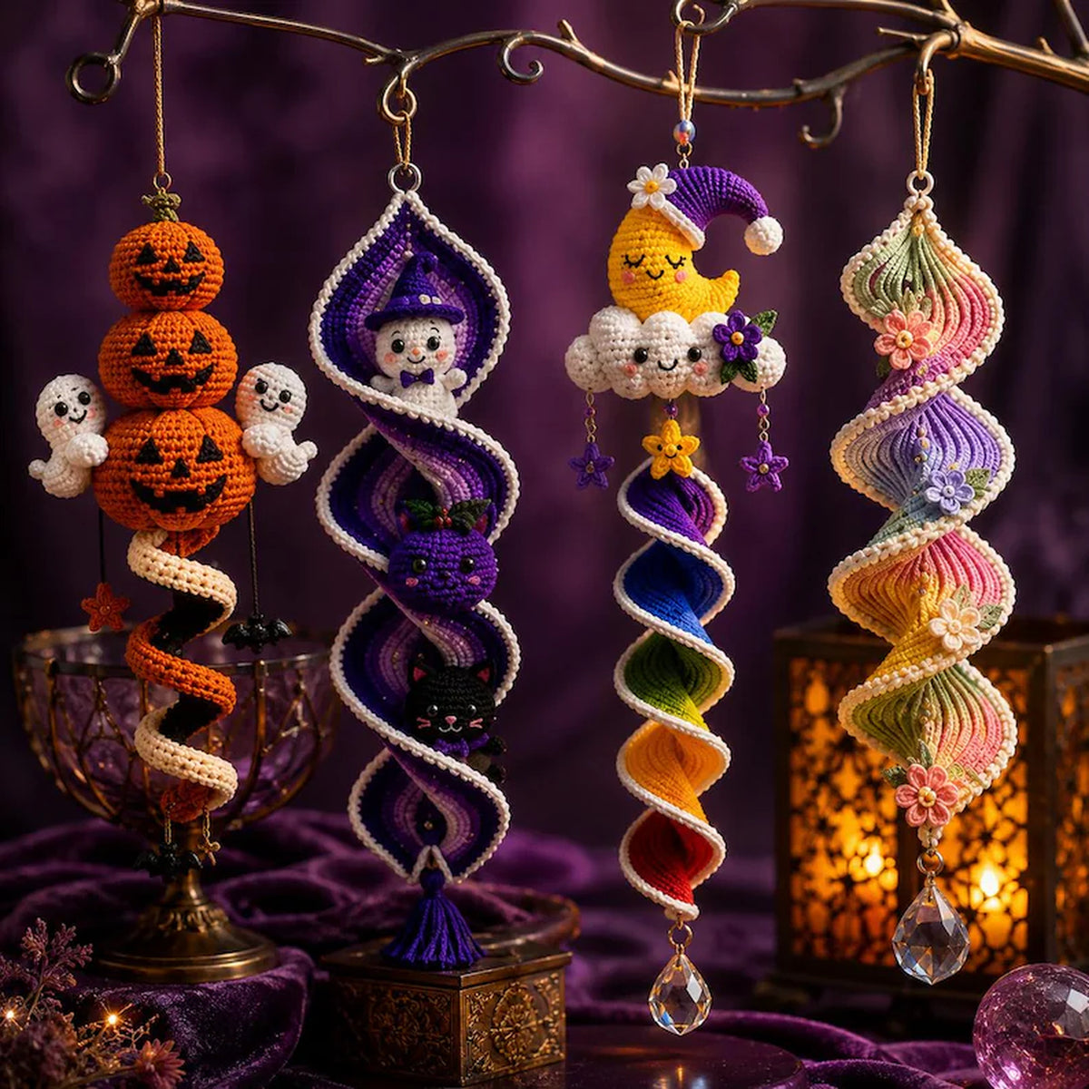 Halloween crochet spiral ornament patterns with pumpkin witch and black cat