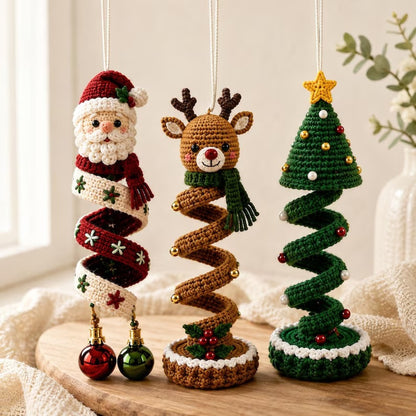 Christmas crochet ornament patterns with Santa reindeer and Christmas tree