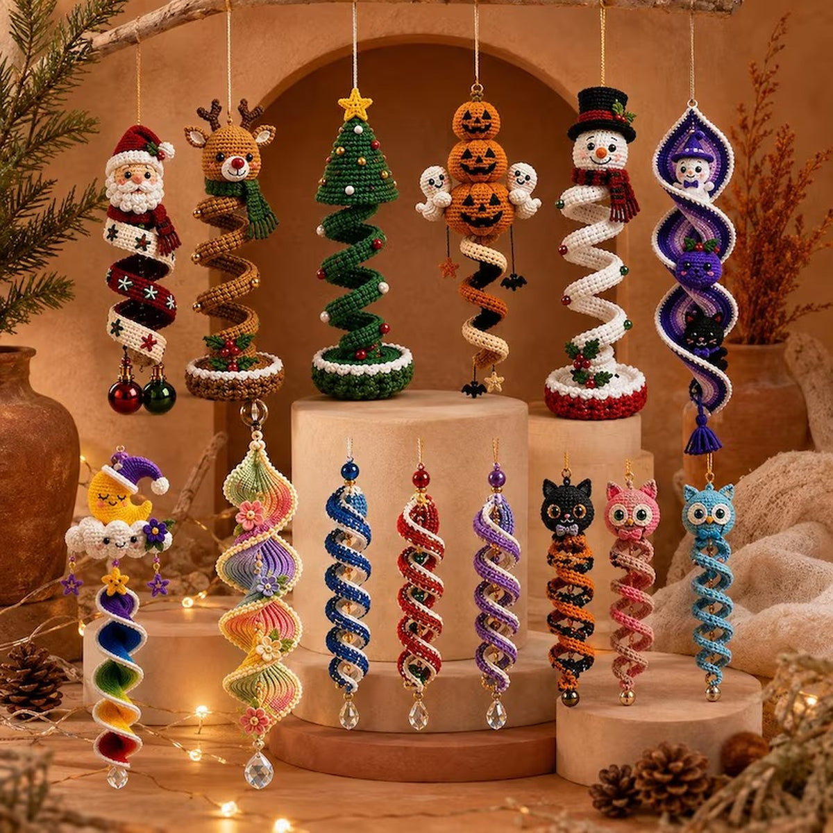 Crochet spiral ornament pattern bundle with holiday hanging decorations