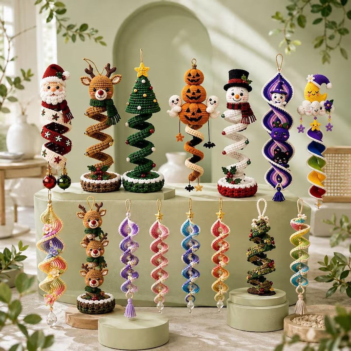 Crochet spiral hanging decorations for Christmas and Halloween