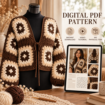Fuzzy Granny Square Cardigan Crochet Pattern PDF – Cropped Sweater XS–5XL