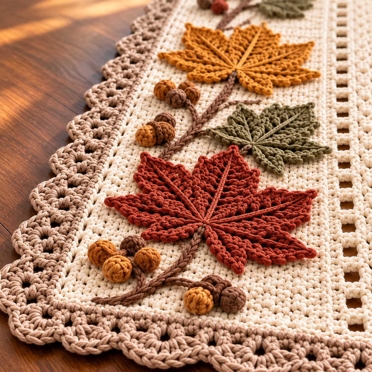Autumn Maple Table Runner Crochet Pattern PDF – Fall Leaf & Acorn Decor