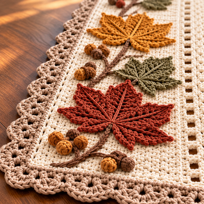 Autumn Maple Table Runner Crochet Pattern PDF – Fall Leaf & Acorn Decor