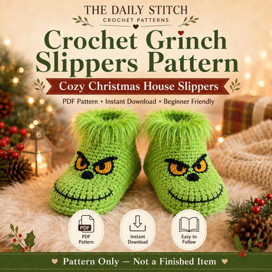 Green Christmas Slippers Crochet Pattern PDF – Cozy Holiday House Slippers
