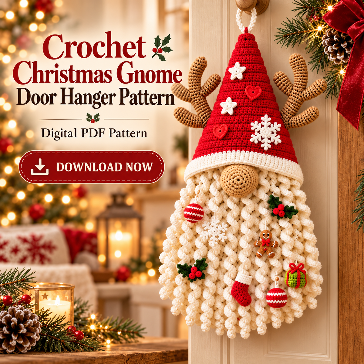 Christmas Gnome Door Hanger Crochet Pattern PDF – Santa Reindeer Gnome