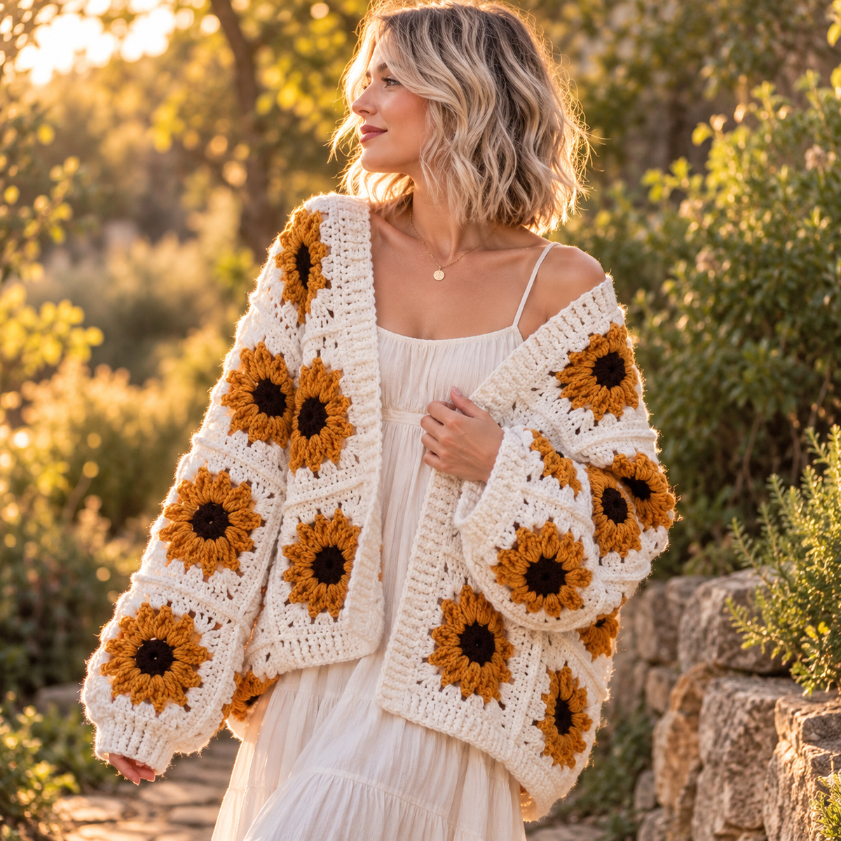 Sunflower Granny Square Crochet Cardigan Pattern PDF, Oversized Floral Sweater