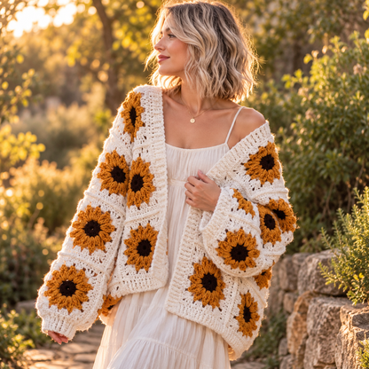 Sunflower Granny Square Crochet Cardigan Pattern PDF, Oversized Floral Sweater