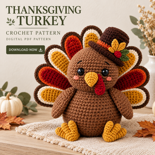 Thanksgiving Turkey Crochet Pattern PDF – Fall Amigurumi with Top Hat