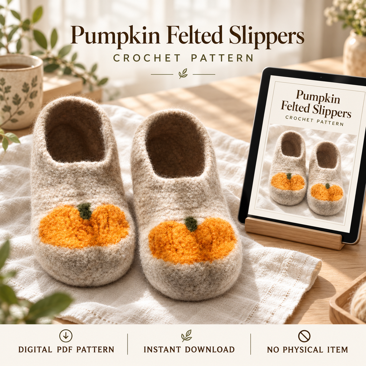 Pumpkin Crochet Slippers Pattern PDF – Felted Wool House Shoes