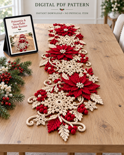 Poinsettia Snowflake Crochet Table Runner Pattern PDF – Christmas Decor