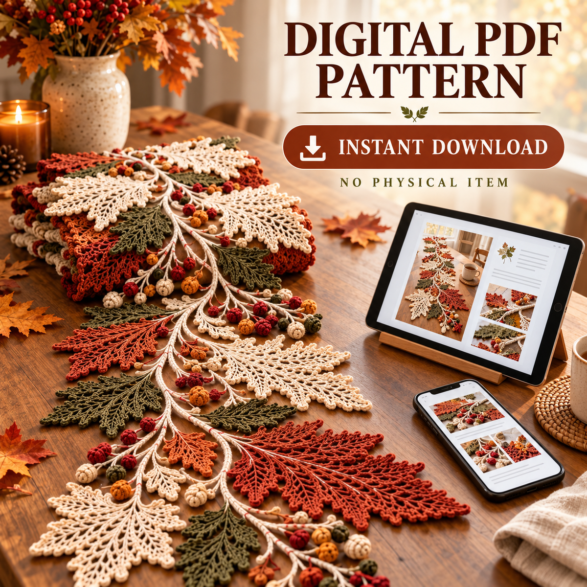 Autumn Leaf Table Runner Crochet Pattern PDF – Fall Lace Runner & Coasters