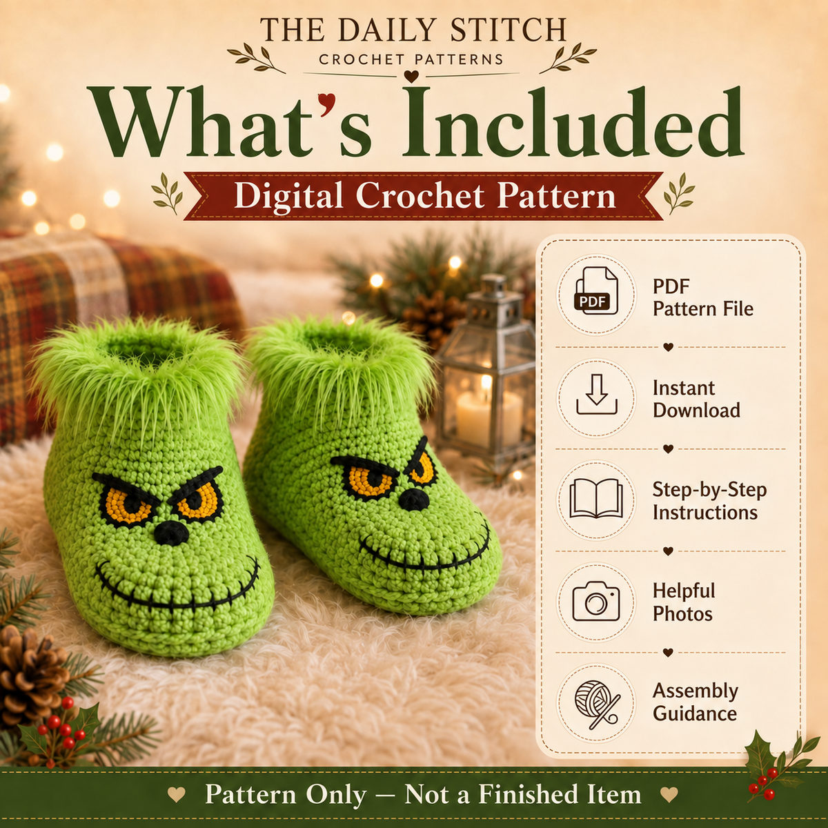Green Christmas Slippers Crochet Pattern PDF – Cozy Holiday House Slippers