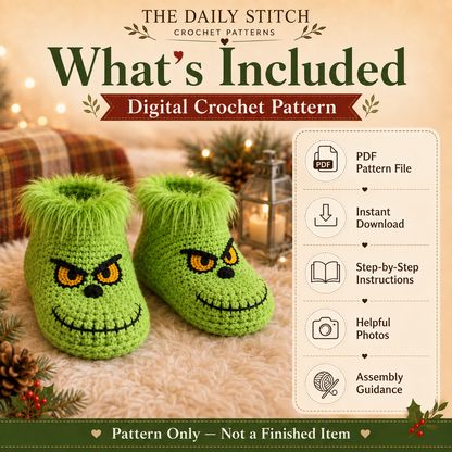 Green Christmas Slippers Crochet Pattern PDF – Cozy Holiday House Slippers