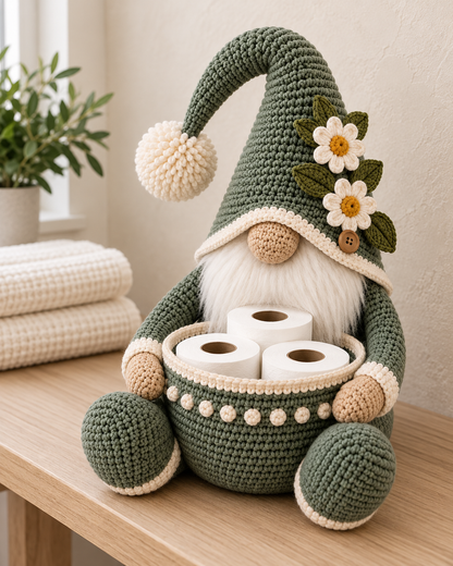 Gnome Toilet Paper Holder Crochet Pattern PDF – Bathroom Storage Basket