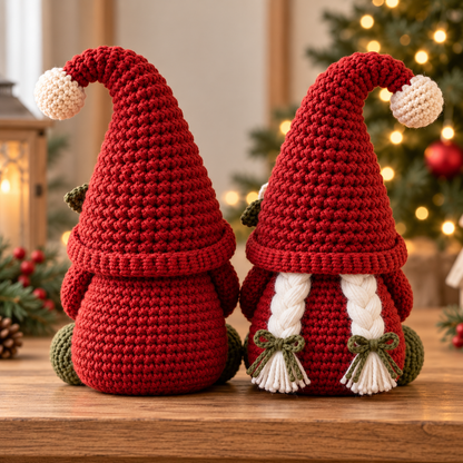 Christmas Gnome Couple Crochet Pattern PDF, Male & Female Amigurumi Shelf Sitters