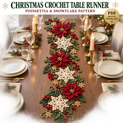 Christmas Crochet Table Runner Pattern – Poinsettia & Snowflake Holiday Decor PDF
