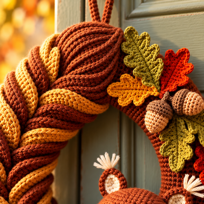 Squirrel Wreath Crochet Pattern PDF – Woodland Fall Wreath with Acorns