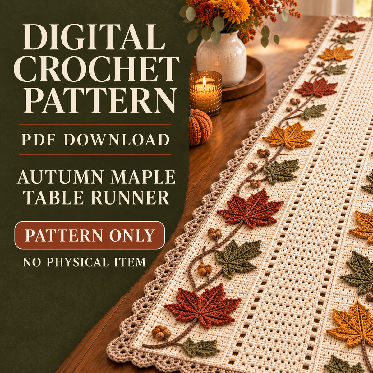 Autumn Maple Table Runner Crochet Pattern PDF – Fall Leaf & Acorn Decor
