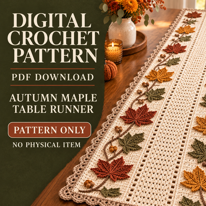 Autumn Maple Table Runner Crochet Pattern PDF – Fall Leaf & Acorn Decor