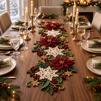 Christmas Crochet Table Runner Pattern – Poinsettia & Snowflake Holiday Decor PDF