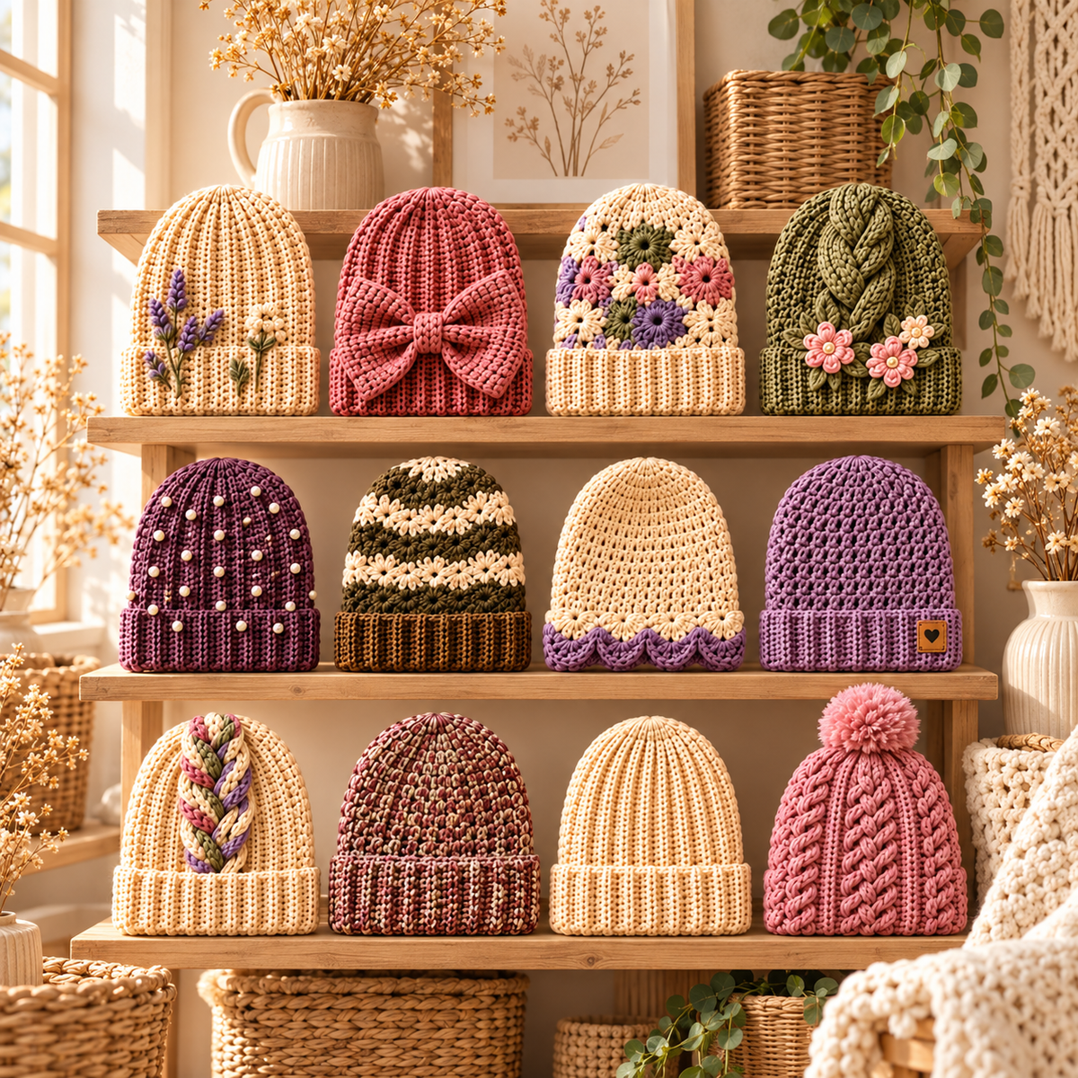 12 Crochet Beanie Patterns Bundle PDF – Chunky, Ribbed, Floral & Bow Hats