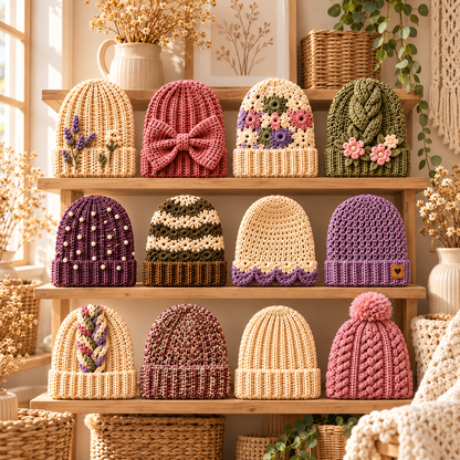 12 Crochet Beanie Patterns Bundle PDF – Chunky, Ribbed, Floral & Bow Hats